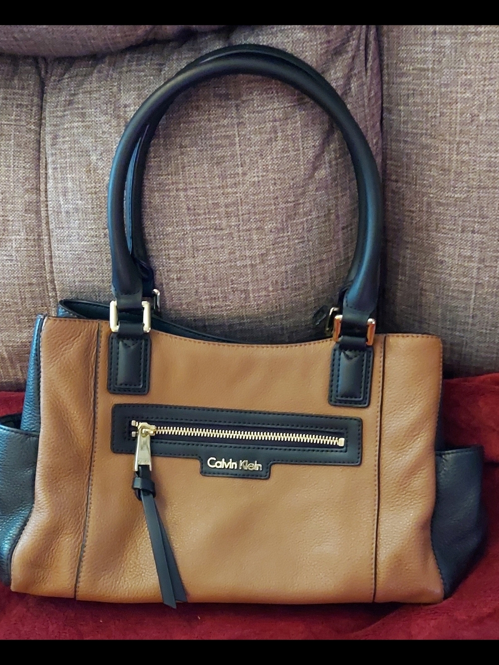 Calvin Klein Two-Tone Tan and Black Leather Shoulder Bag